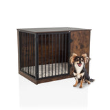 Brun hundbur PAWHOME S med galler och en liten hund bredvid från hjh LIVING