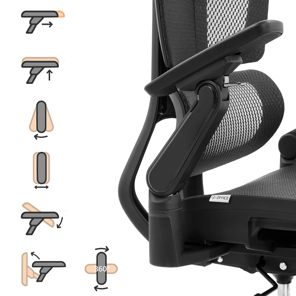 Flerjusterbart armstöd på den professionella kontorsstolen Ergo U2 Pro3 med schematiska funktionsgrafiker från hjh OFFICE