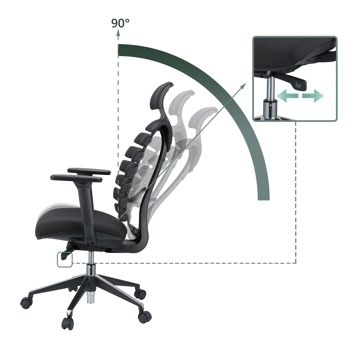 Justerbart ryggstöd och gasfjäder på den professionella kontorsstolen ERGO LINE II PRO med en lutningsvinkel på 90° från hjh OFFICE