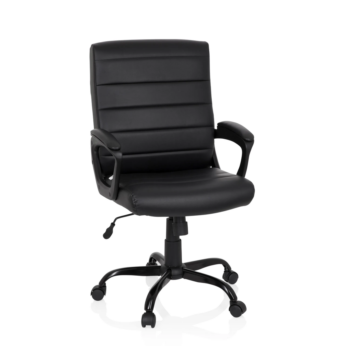 Svart Home Office chefsfåtölj ERGOSMOOTH BIG med quiltad klädsel och femhjulig bas från hjh OFFICE – 360-gradersvy (framifrån 20°)