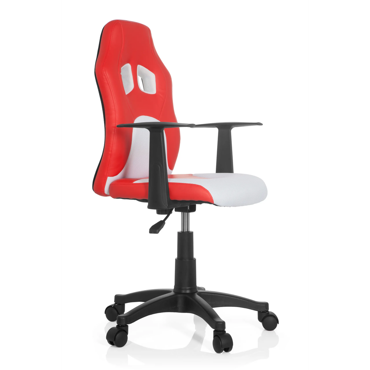 Rödvit TEEN GAME AL snurrstol för barn med armstöd och svart femstjärnigt fotkryss med hjul från hjh OFFICE – 360-gradersvy (snett framifrån 60°)