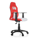 Rödvit TEEN GAME AL snurrstol för barn med armstöd och svart femstjärnigt fotkryss med hjul från hjh OFFICE – 360-gradersvy (snett framifrån 60°)