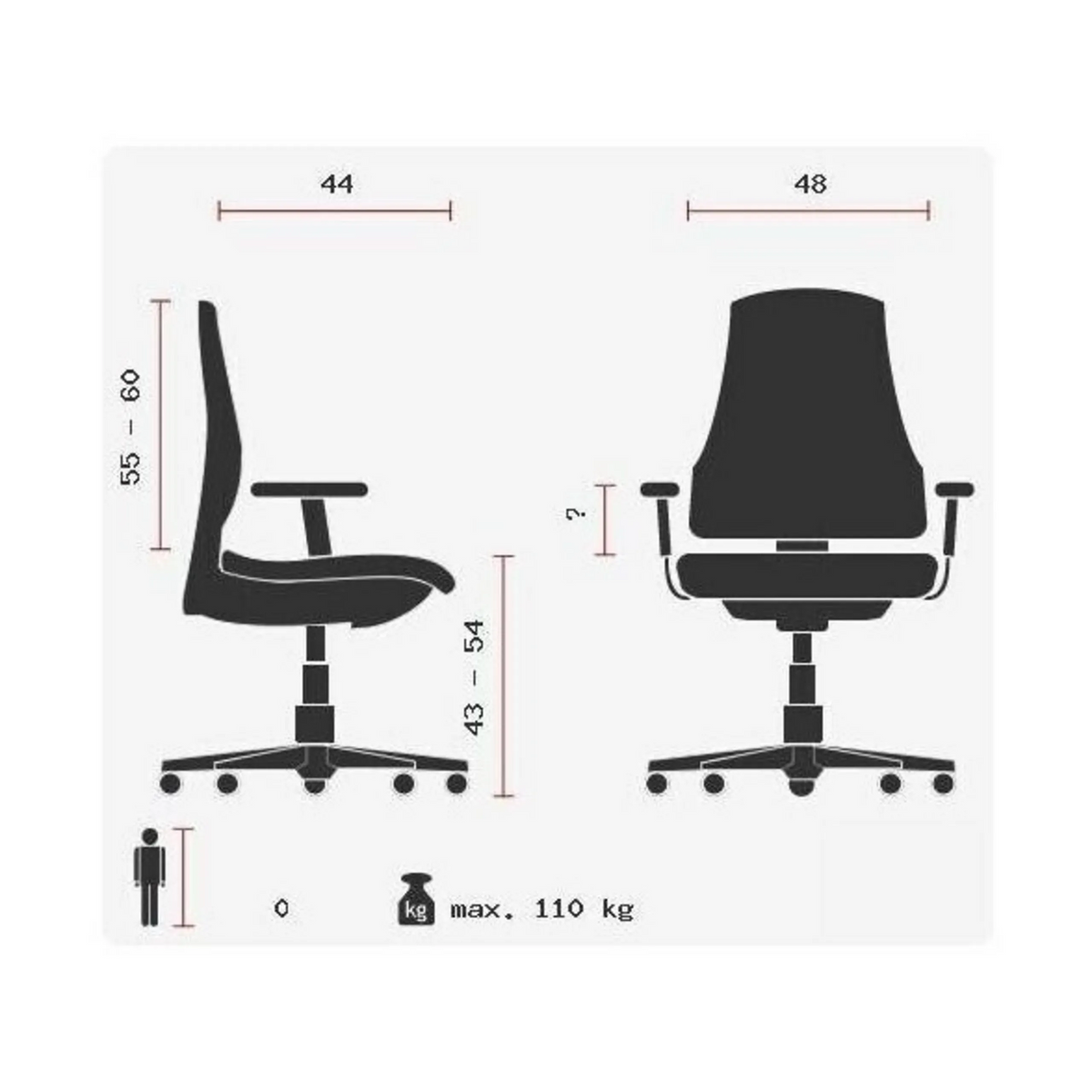 Teknisk ritning av Professionell kontorsstol SITNESS 15 U2 med en maximal belastning på 110 kg från Topstar
