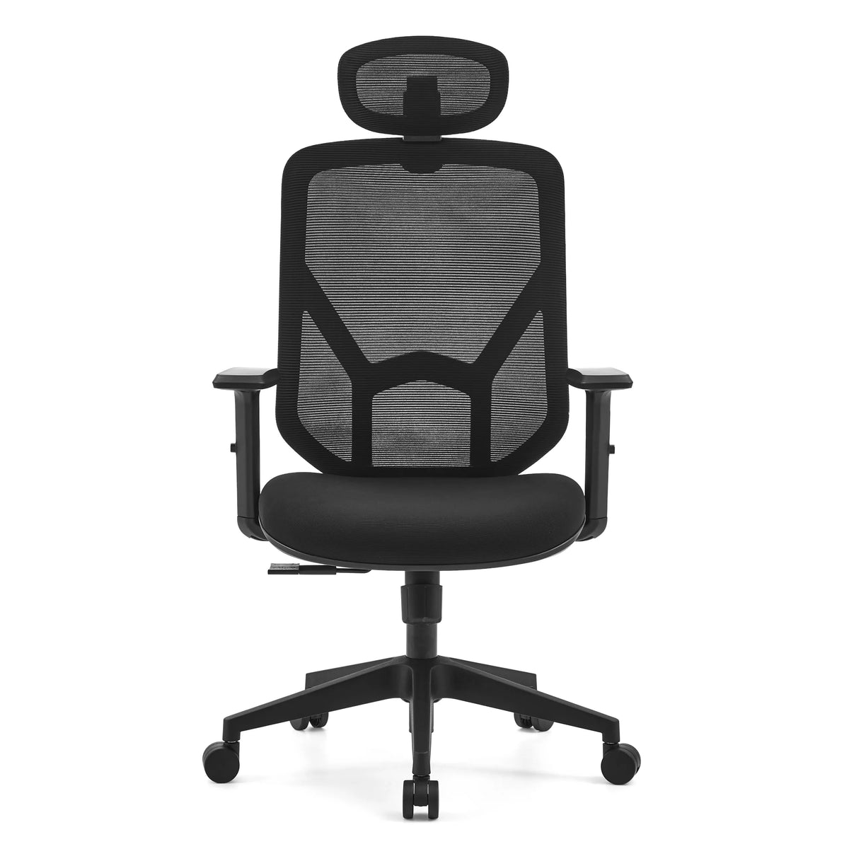 Svart Home Office kontorsstol BLACORE med nätrygg, nackstöd och femhjulig stjärnfot från MyBuero – 360-gradersvy (framifrån 0°)