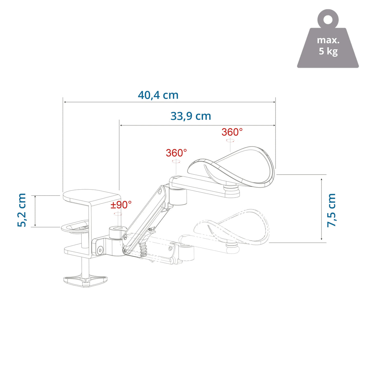 Teknisk ritning av Armstöd RELEX RT1 med en längd på 40,4 cm och en bärkapacitet på 5 kg från hjh OFFICE