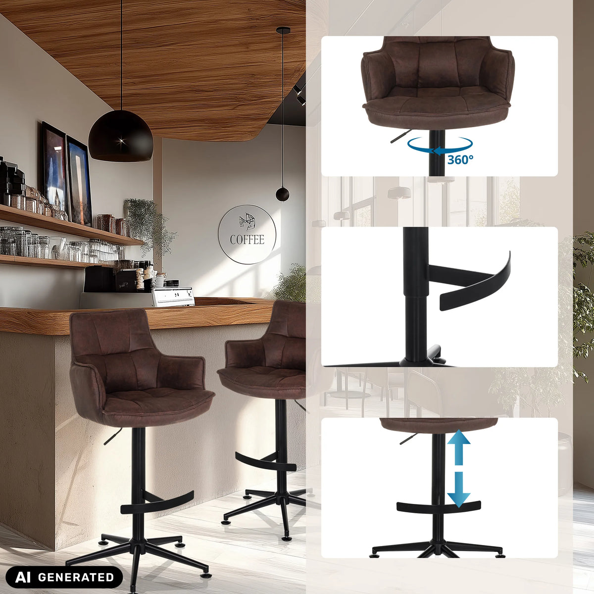 Brun SOLAO LIFE HIGH barstol med gaslift, fotstöd och 360 graders svängfunktion från hjh LIVING (AI-genererad bild)