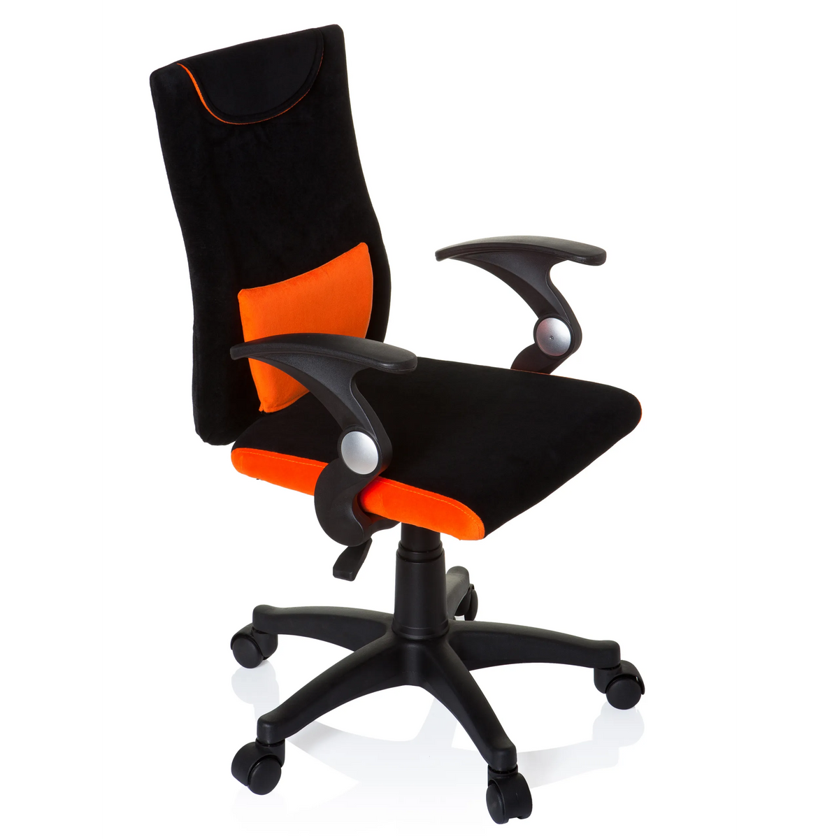 Svart-orange Snurrstol för barn KIDDY PRO AL med ländkudde och femhjulig fotkorsbas från hjh OFFICE – 360-gradersvy (snett framifrån 60°)