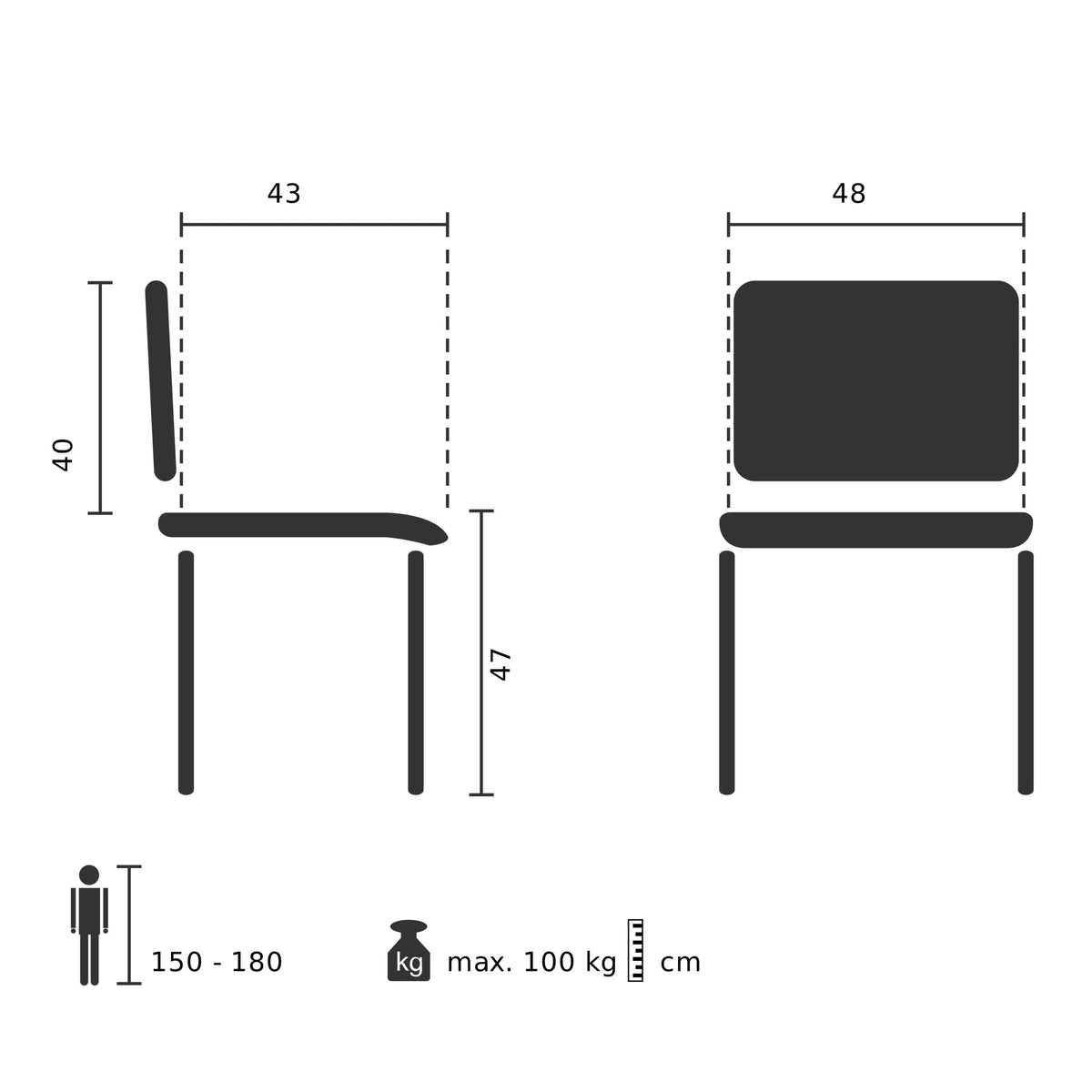 Teknisk ritning av den skålformade stolen SCANDI P med en sitthöjd på 47 cm från hjh OFFICE