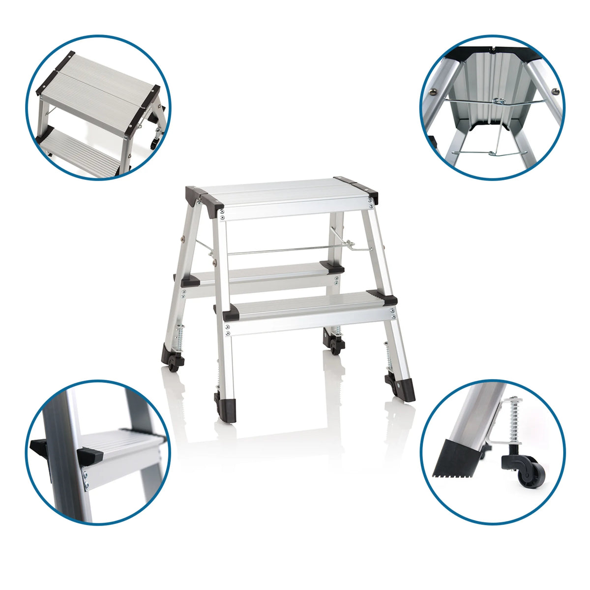 Fällbar stege med två steg SOLID VI i aluminium med hjul och säkerhetslås från hjh OFFICE