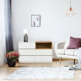 Sidobord MELMO S i vitt och ek med tre lådor och en öppen hylla från hjh LIVING