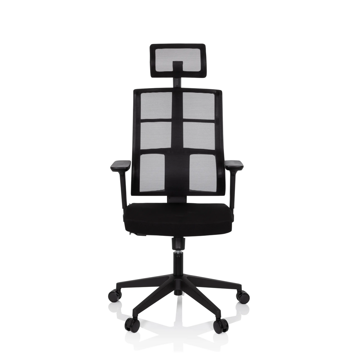Svart Professionell kontorsstol SPINIO PRO med nätrygg, nackstöd och femhjulig fotkorsbas från hjh OFFICE – 360-gradersvy (framifrån 0°)