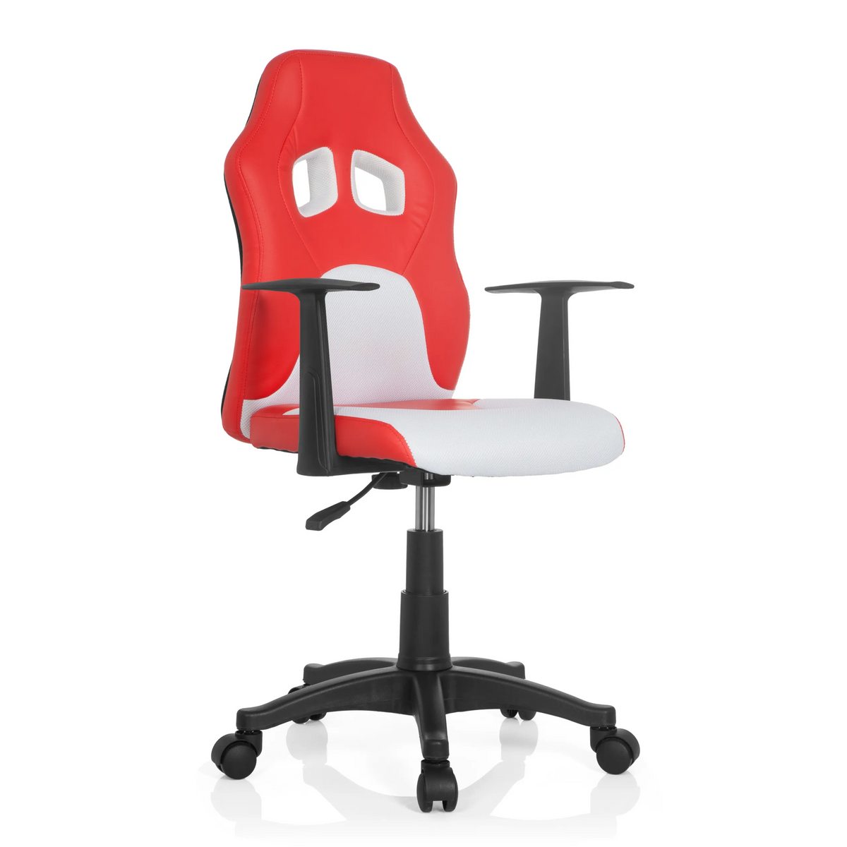 Rödvit TEEN GAME AL snurrstol för barn med armstöd och svart femstjärnigt fotkryss med hjul från hjh OFFICE – 360-gradersvy (snett framifrån 40°)