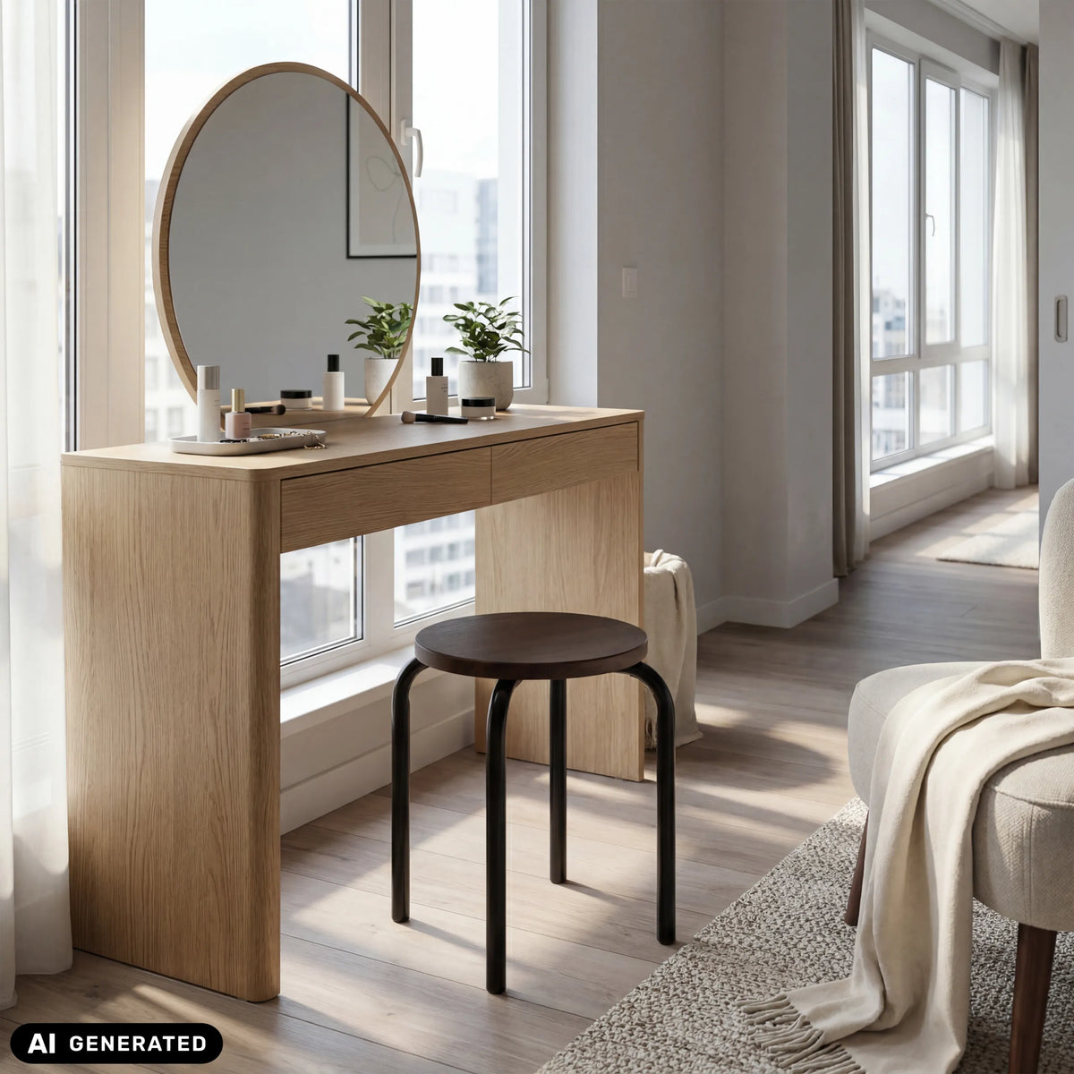 Sittpall ALRANDA i svart och valnöt framför ett sminkbord från hjh LIVING