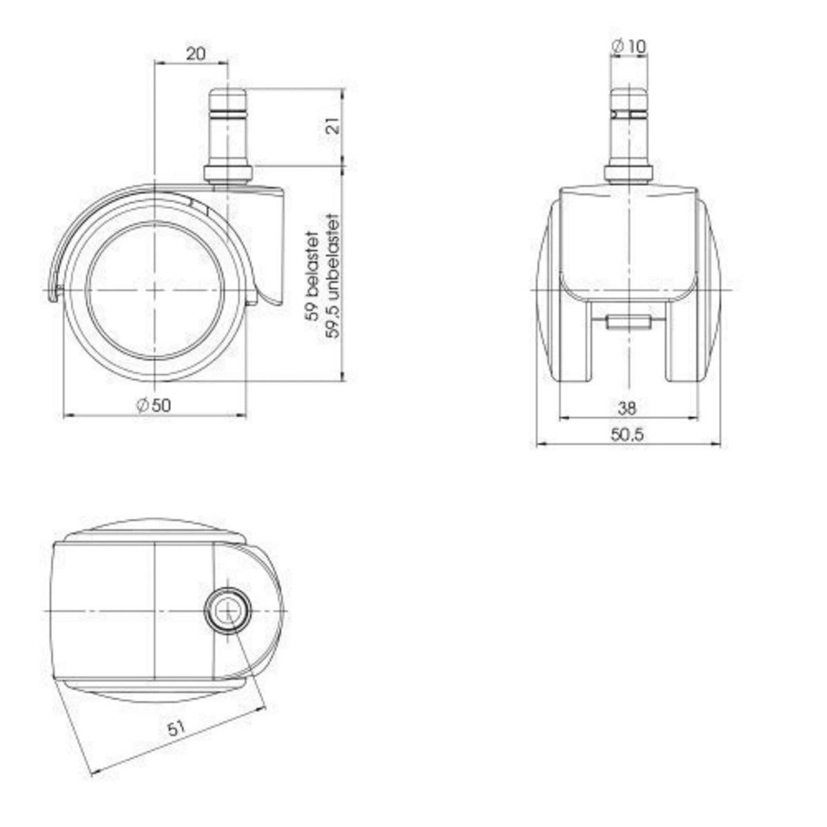 Teknisk ritning av stol på hjul 5x ROLO EASY 10mm/50mm med en diameter på 50 mm från hjh OFFICE