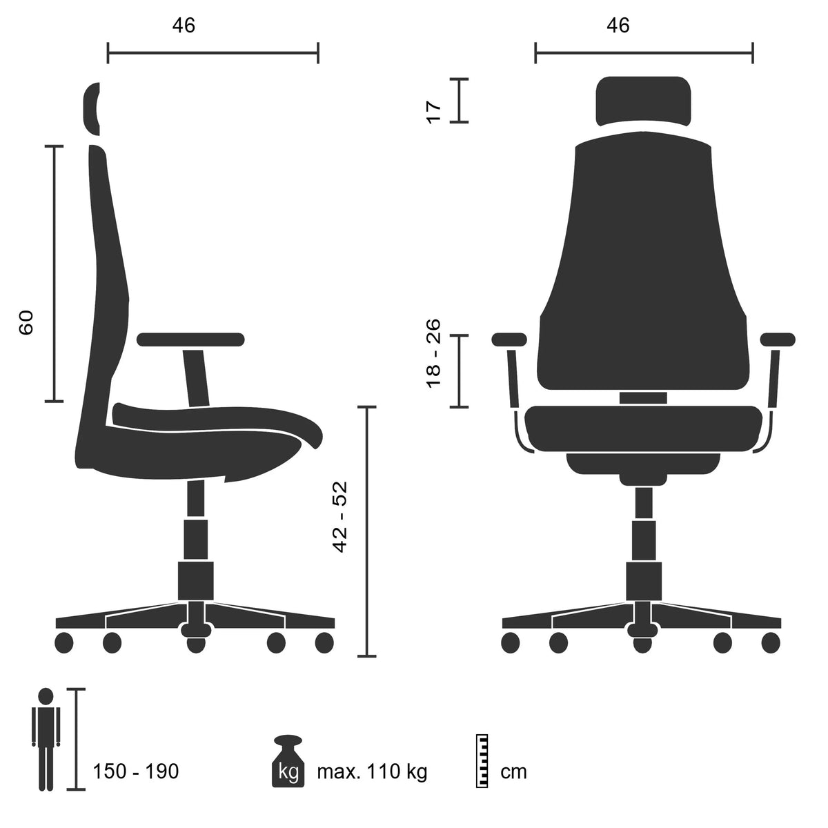 Teknisk ritning av Professionell kontorsstol CAYEN med en bredd på 46 cm från hjh OFFICE