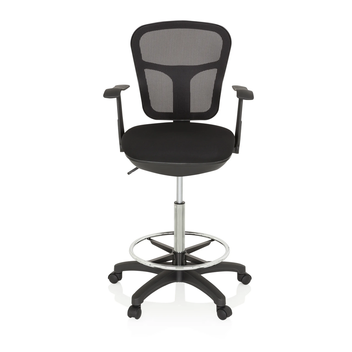 Svart Bardiskstol TOP WORK 108 med nätrygg, fotring och femhjulig stjärnfot från hjh OFFICE – 360-gradersvy (framifrån 0°)