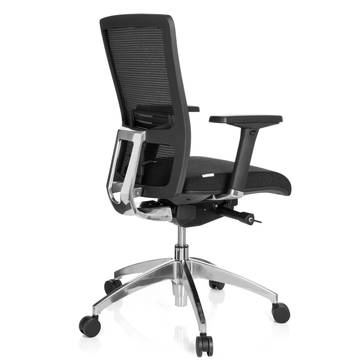 Svart Professionell kontorsstol ASTRA BASE N med nätrygg och blank femstjärnig fot med hjul från hjh OFFICE – 360-gradersvy (snett bakifrån 120°)