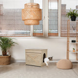 Katthus KITTY PAWBOX 1 i eklook med cirkulär öppning och frontdekoration från hjh LIVING