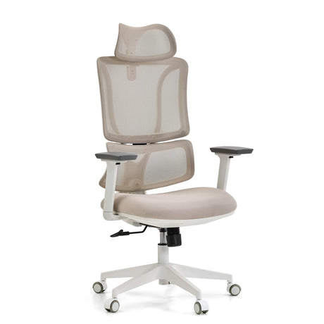 Professionell kontorsstol ERGOMY W i beige med beige nättyg och vit ram från MyBuero