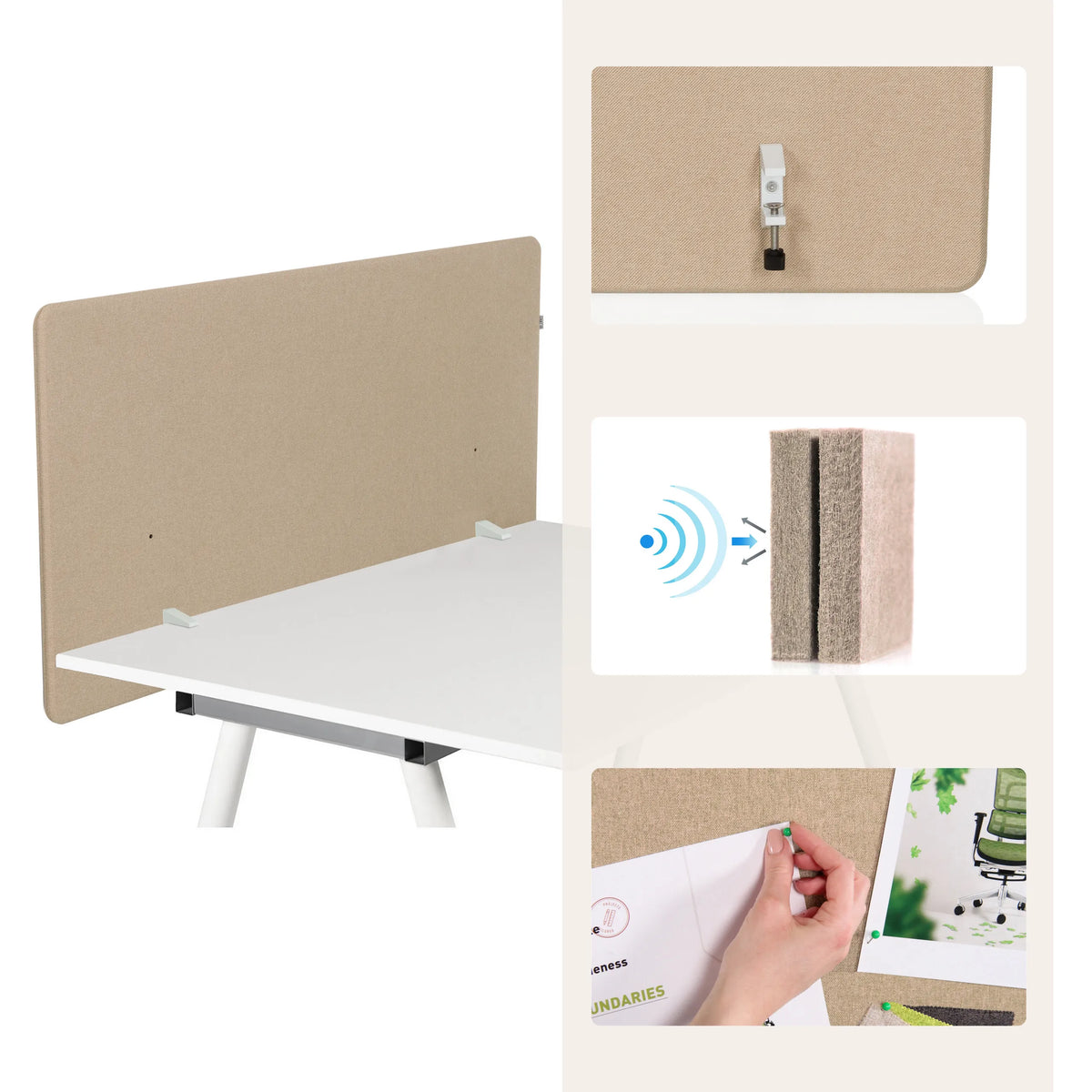 Beige FLEXMIUT D1 bordsskärmväggar med fästklämmor, ljudisoleringssymbol och anslagstavlefunktion från hjh OFFICE