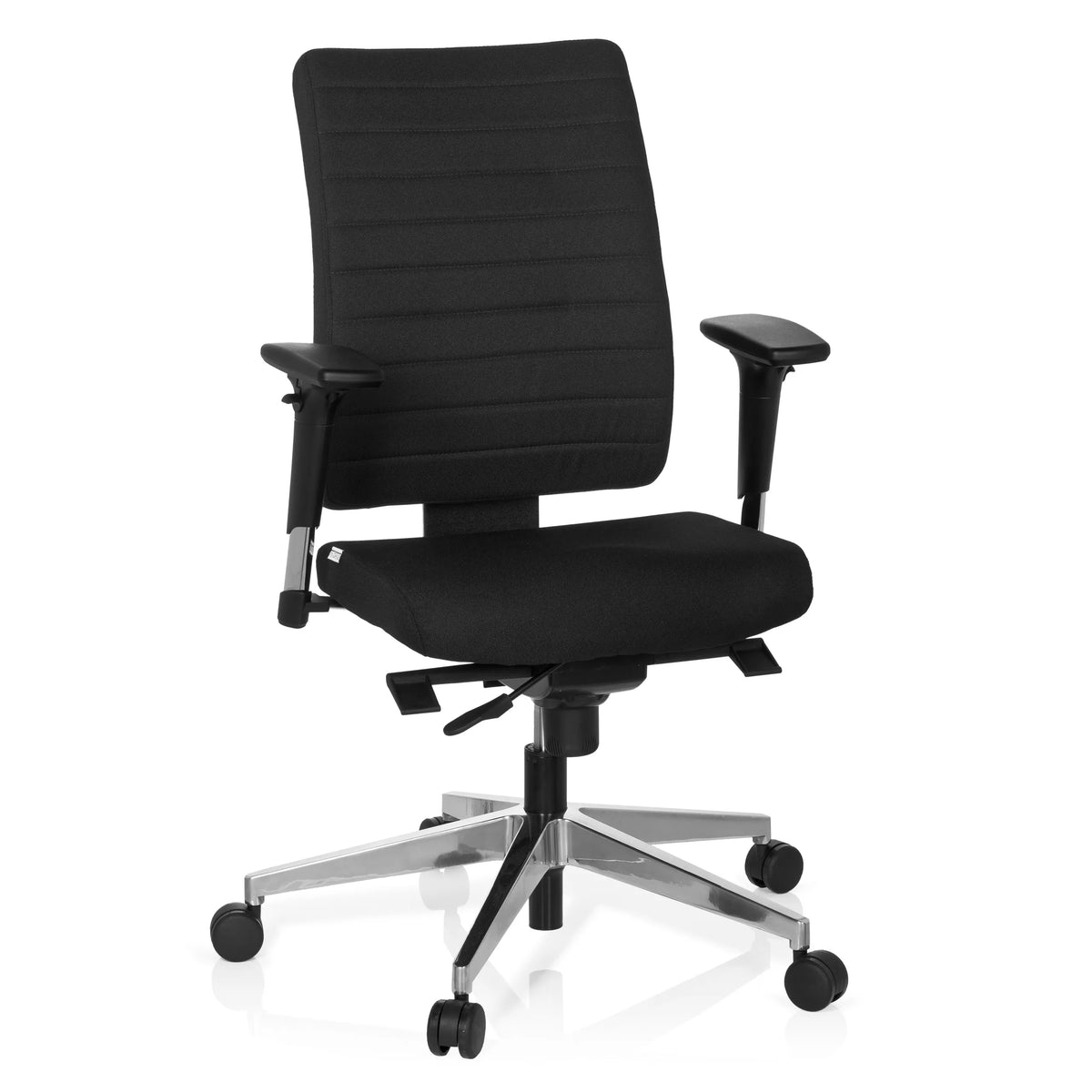 Svart Professionell kontorsstol PRO-TEC 350 med armstöd och silverfärgad femstjärnig fotkorsbas med hjul från hjh OFFICE – 360-gradersvy (framifrån 20°)
