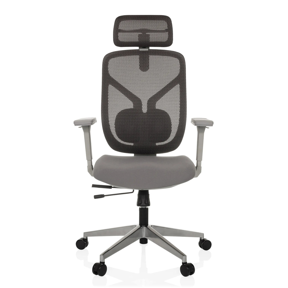 Grauer High-End-Bürostuhl CASSILIS W mit Netzrücken und Fußkreuz mit fünf Rollen von hjh OFFICE – 360-Grad-Ansicht (Frontansicht 0°)