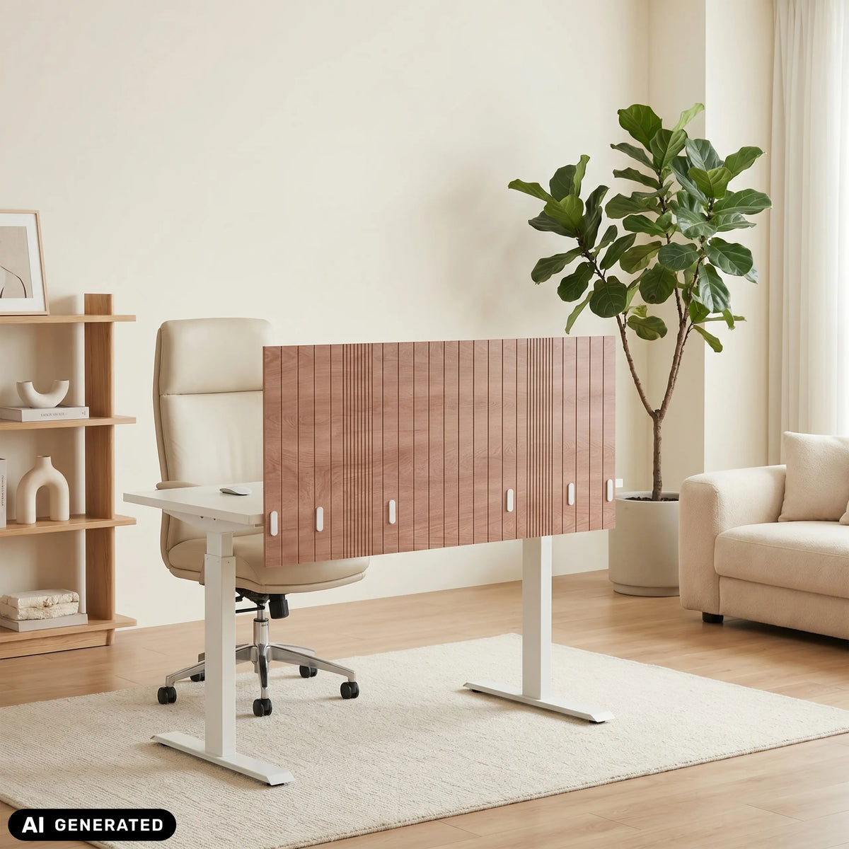Brun Bordsskärmvägg FLEXMIUT ROLL W med längsgående spår på ett vitt skrivbord från hjh OFFICE