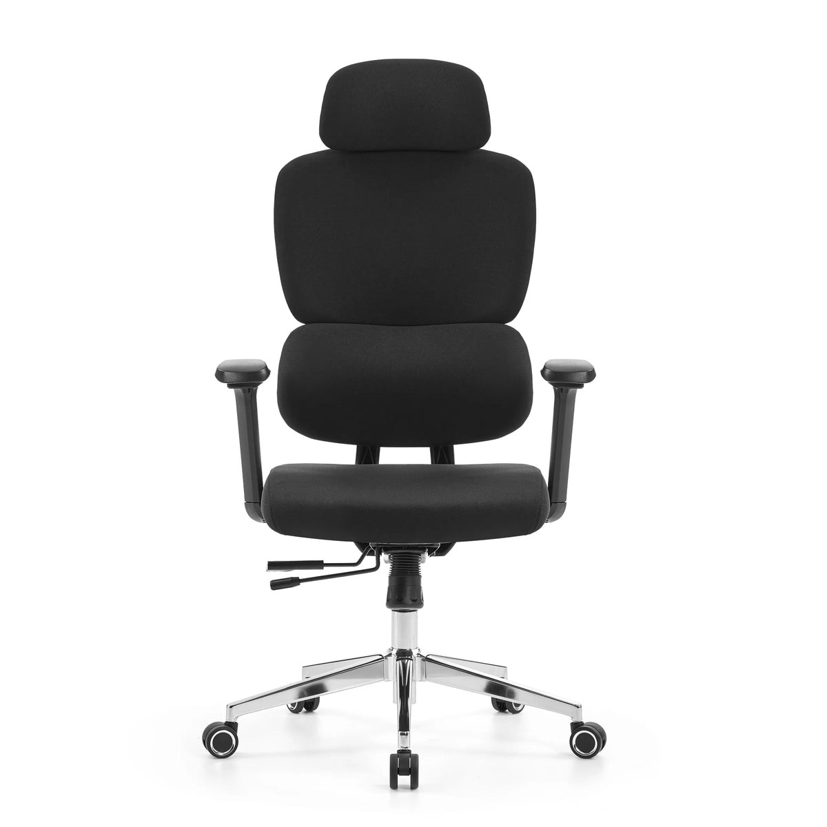 Svart Professionell kontorsstol Ergomy F 2 med tygbeklädnad och femhjuligt fotkors från hjh OFFICE – 360-gradersvy (framifrån 0°)