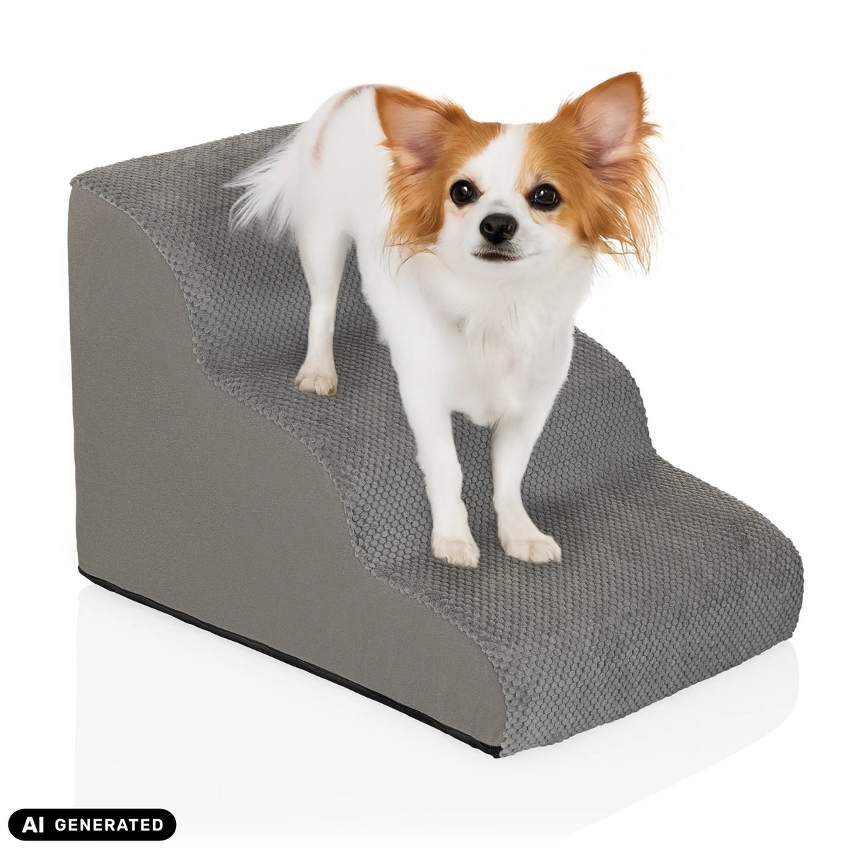 Grå PAWY STEP 3 husdjurstrappa med en liten hund från hjh LIVING (AI-genererad bild)