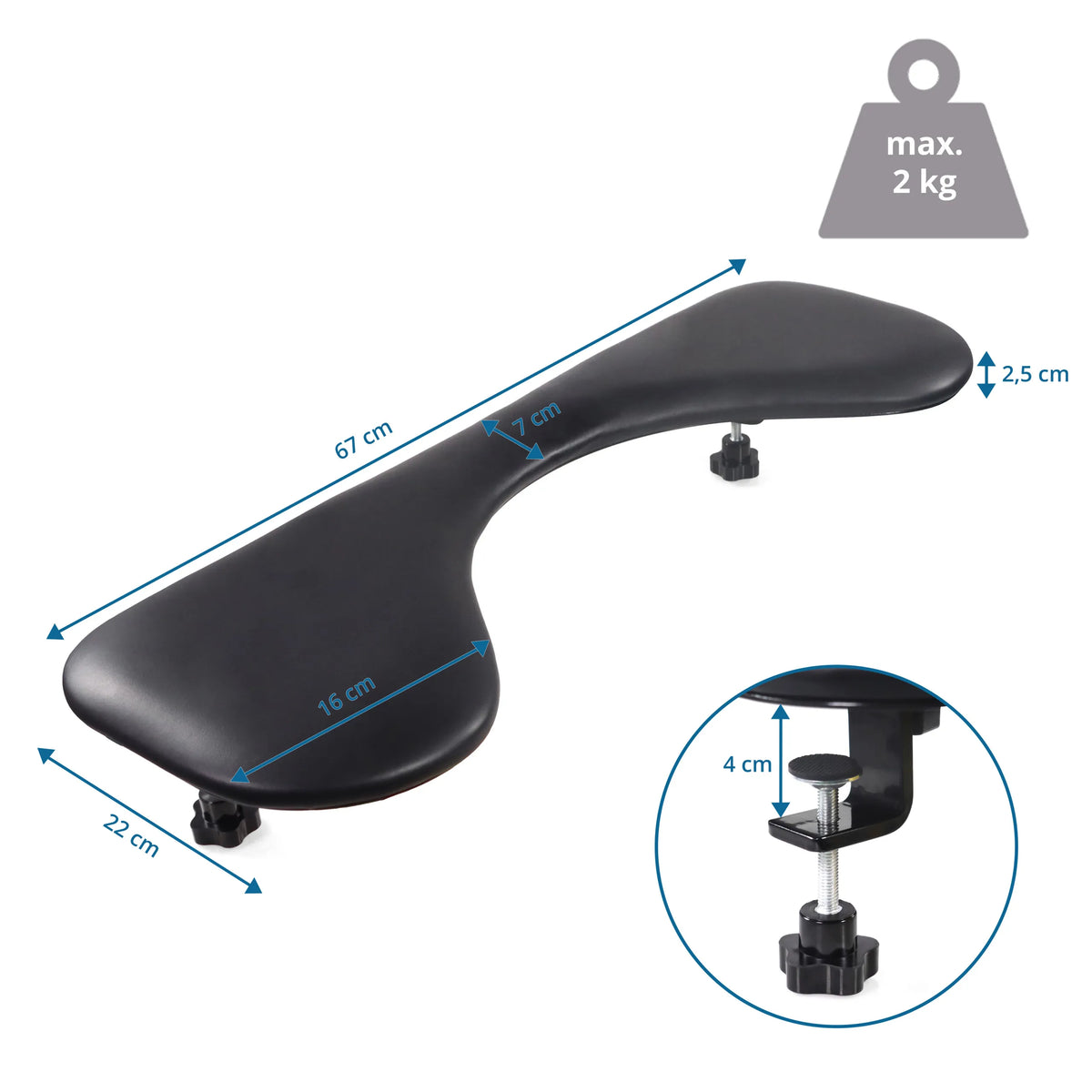 Måttritning av Armstöd RELEX RT2 med en längd på 67 cm och bärförmåga upp till 2 kg från hjh OFFICE