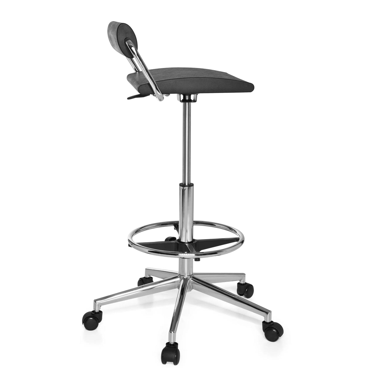 Svart Svängbar stol TOP WORK 28 med fotring och femhjulig fotkorsbas från hjh OFFICE – 360-gradersvy (sidoprofil 100°)