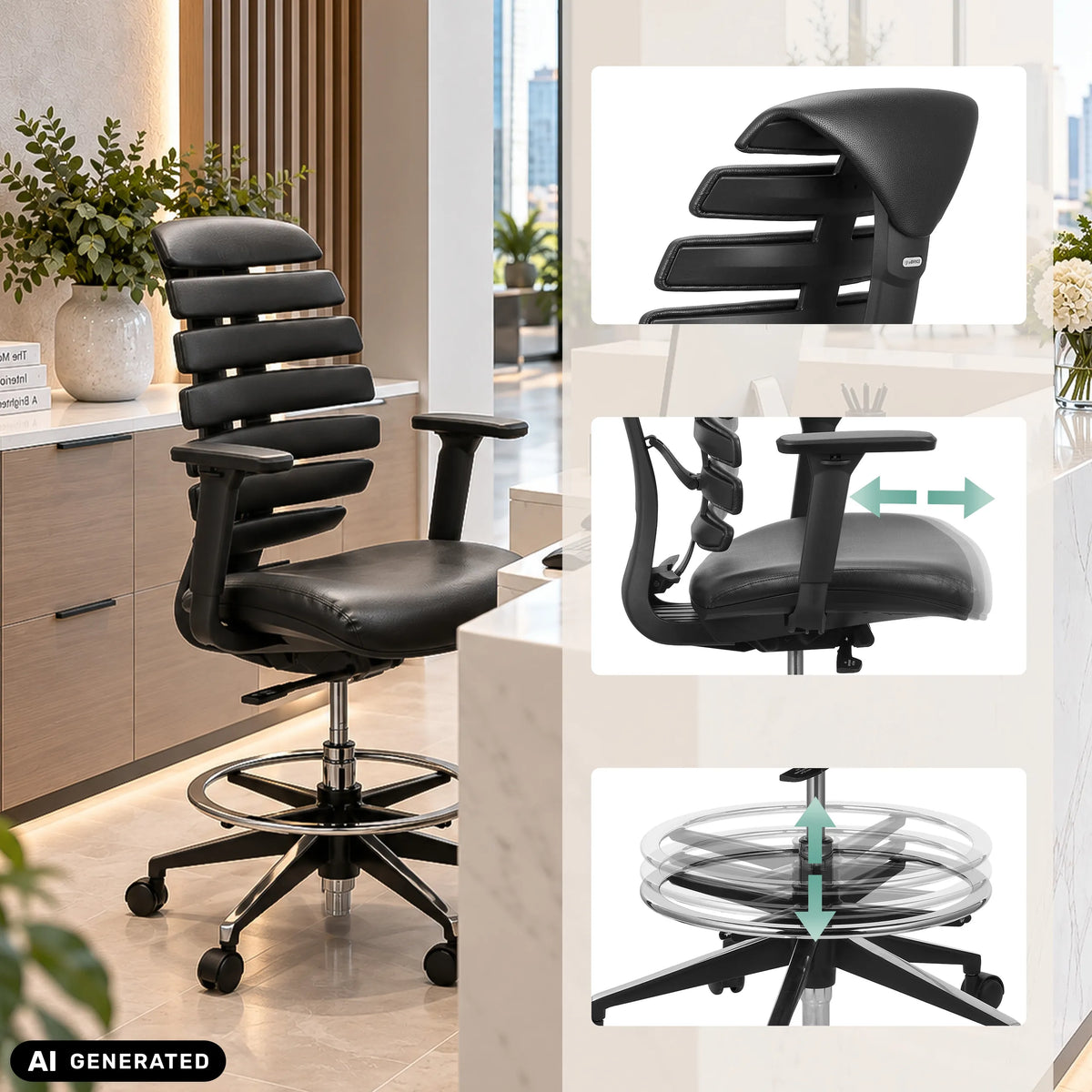 Svart bardiskstol ERGO LINE II WORK i läder med fotring och justerbara armstöd från hjh OFFICE (AI-genererad bild)