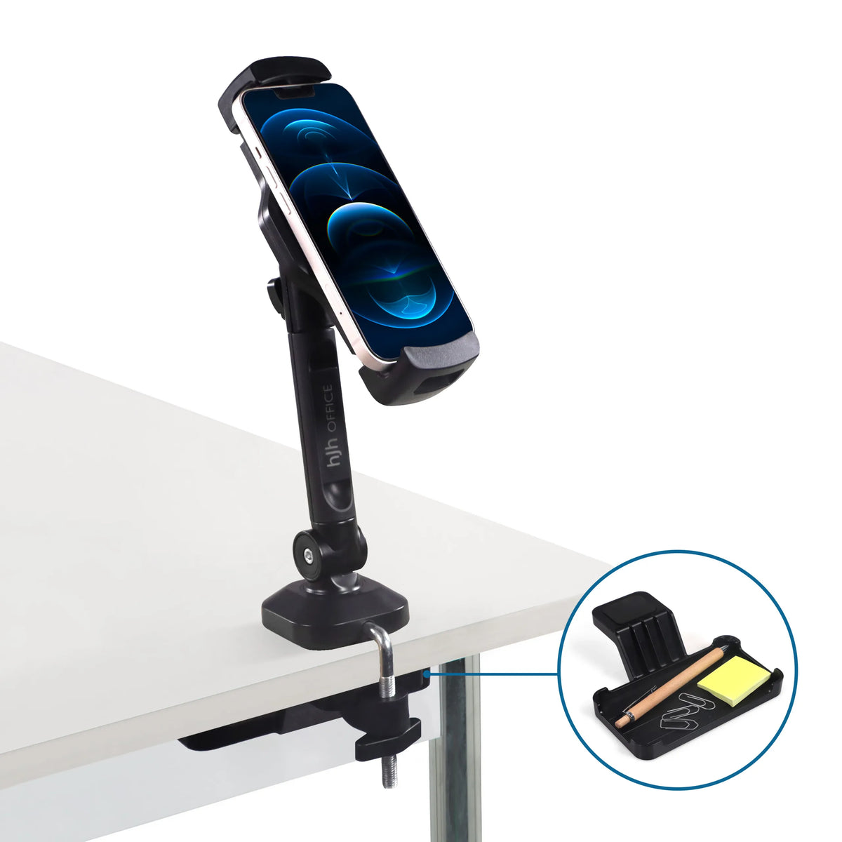 Bordsklämma med integrerat fack för pennor och anteckningar för Hållare för mobiltelefon & surfplatta FLEXMOBI III från hjh OFFICE