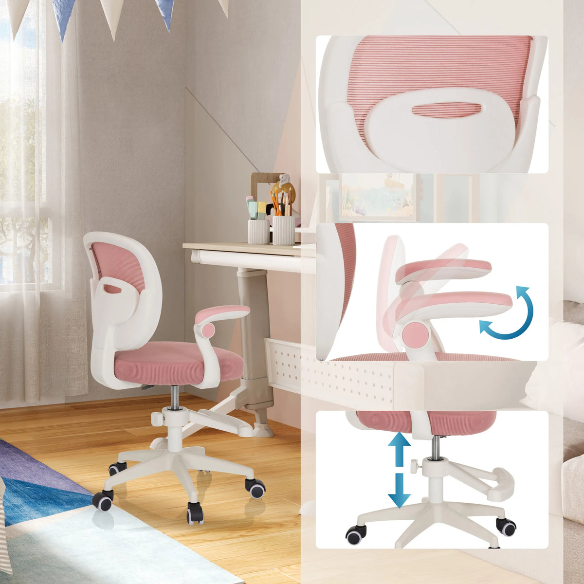 Snurrstol för barn KIDDY SMART i rosa med justerbar sitthöjd och svängbara armstöd från hjh OFFICE