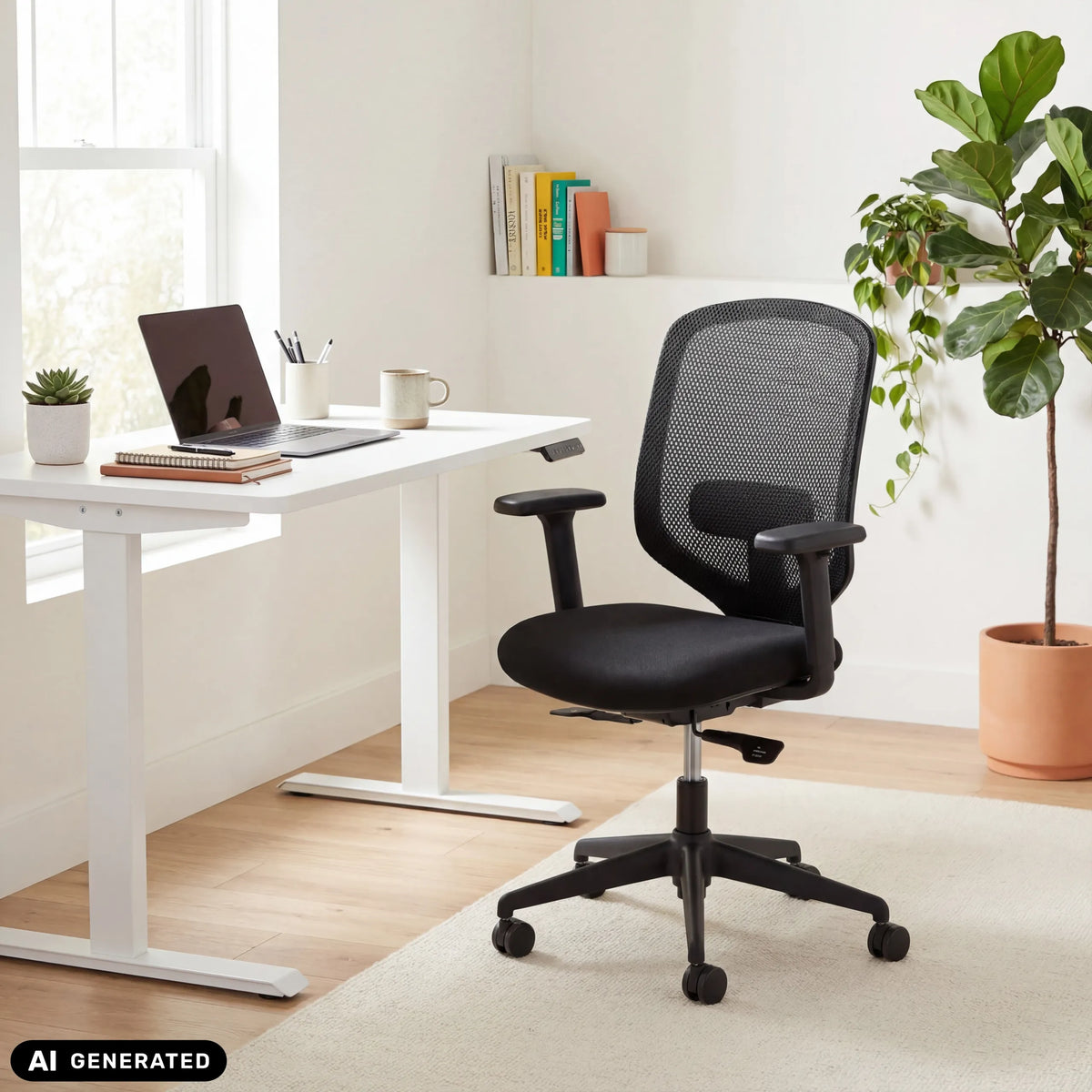 Schwarzer Profi-Bürostuhl Delvia mit Netzrückenlehne an einem weißen Schreibtisch von hjh OFFICE (KI-generiertes Bild)