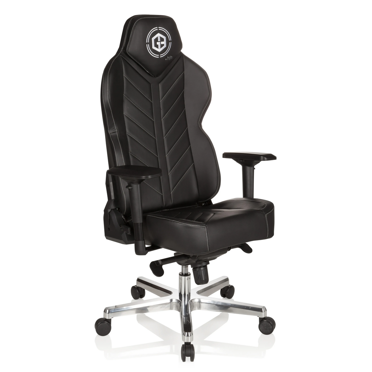 Schwarzer Gamingstuhl GAMEBREAKER COLOSSUS mit Armlehnen und glänzendem Fußkreuz mit fünf Rollen von hjh OFFICE – 360-Grad-Ansicht (schräge Frontansicht 40°)