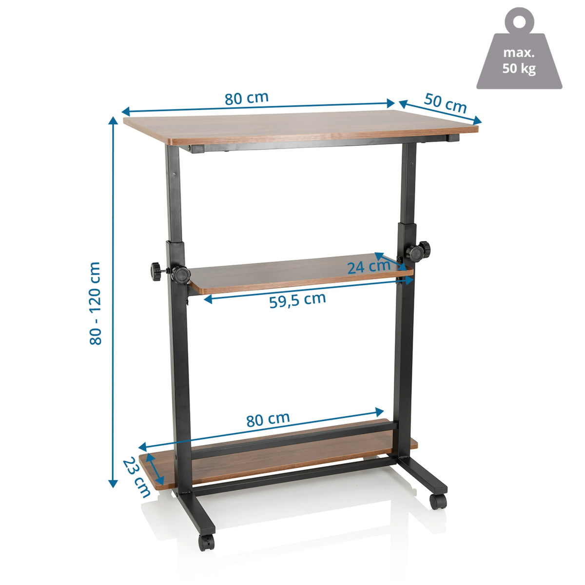 Måttritning av Ståskrivbord WORKSTATION II med 80 × 50 cm och en höjd på 80 till 120 cm från hjh OFFICE