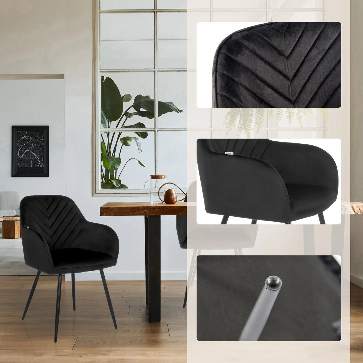 Svart Matstol CHARVELLE med quiltade detaljer och smala ben från hjh LIVING