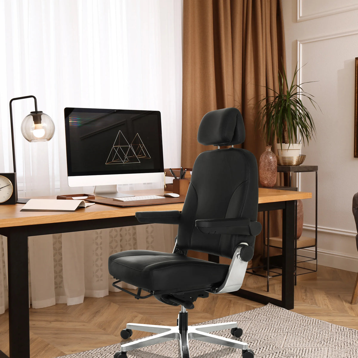 Svart XXL snurrstol 24 HOURS F i läder med nackstöd och armstöd från hjh OFFICE