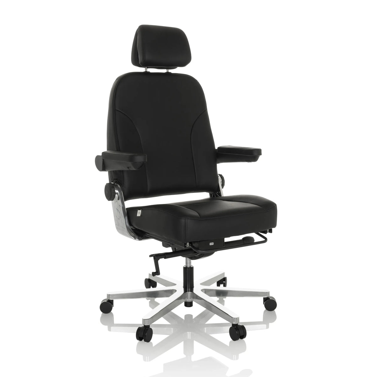 Svart XXL snurrstol 24 HOURS F i läder med nackstöd och femhjulig stjärnfot från hjh OFFICE – 360-gradersvy (snett framifrån 30°)