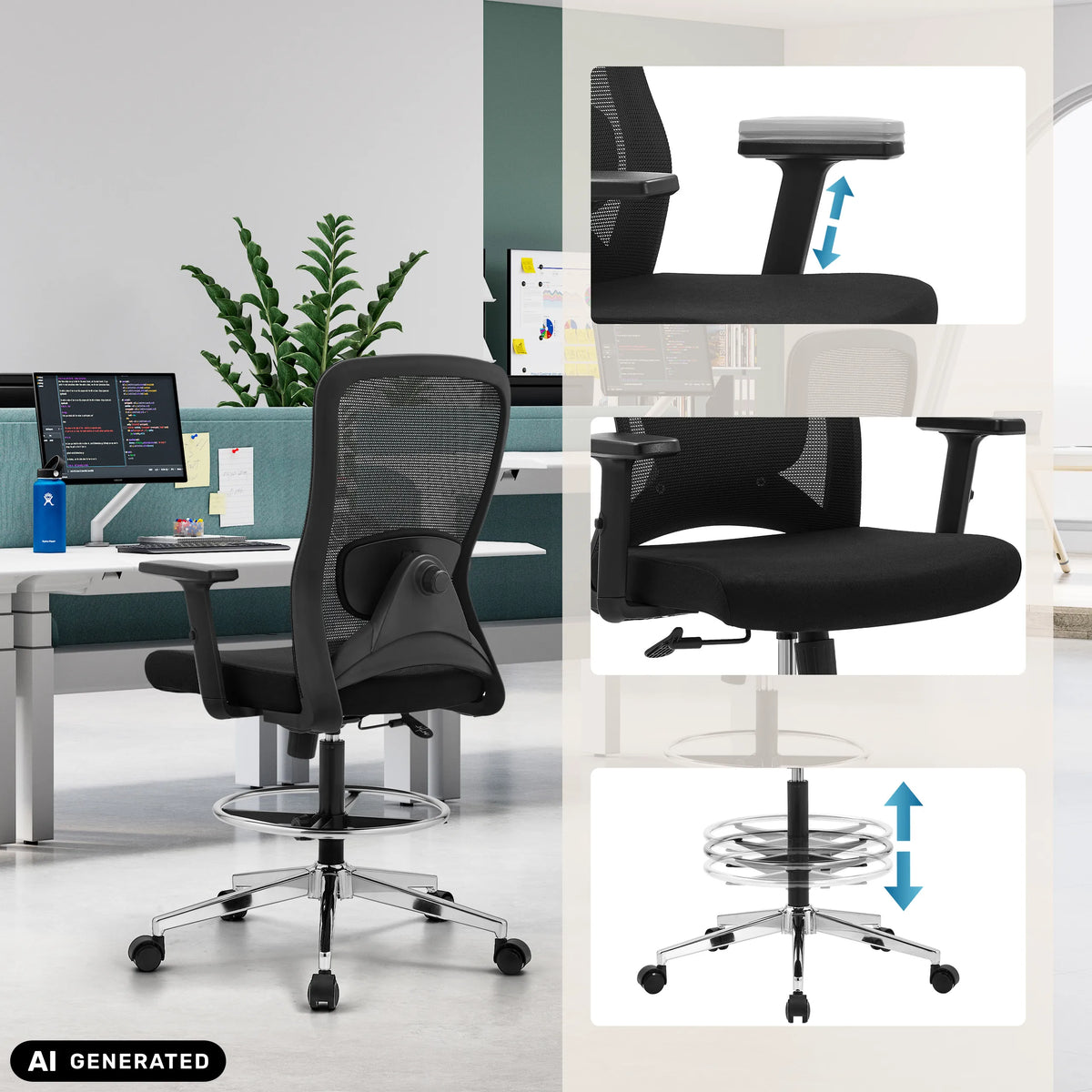 Höjdjusterbara armstöd och sitthöjd på arbetsstolen Top Work 44 från hjh OFFICE (AI-genererad bild)