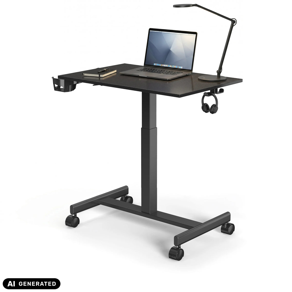 Svart Stand K ståskrivbord på hjul med bärbar dator och skrivbordslampa från hjh OFFICE (AI-genererad bild)