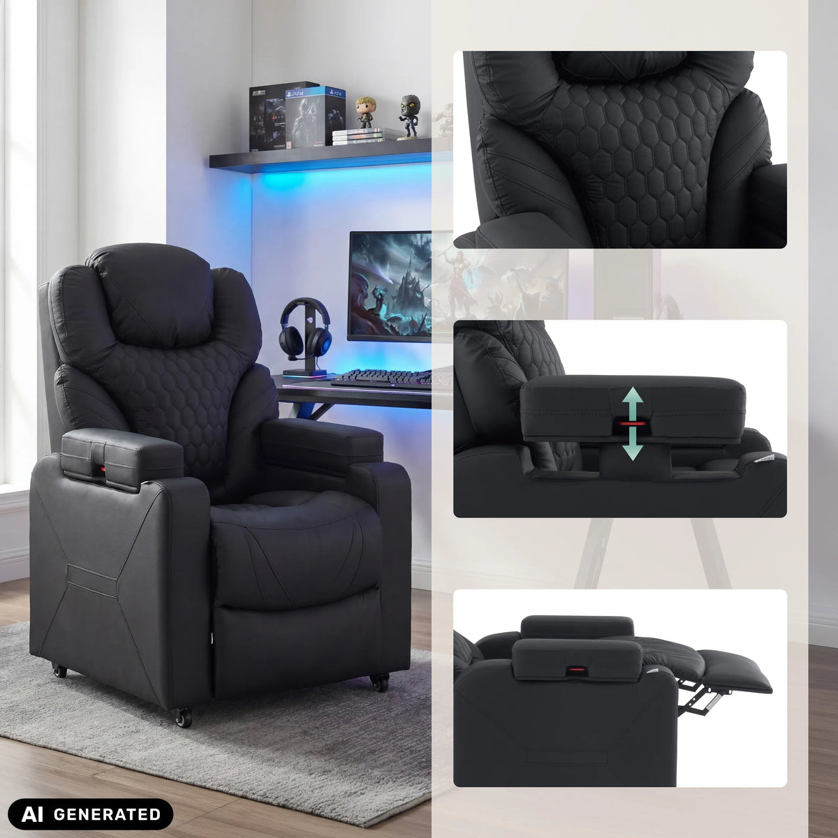 Svart Game Sport RX loungefåtölj med justerbart nackstöd och fotpall från hjh OFFICE (AI-genererad bild)