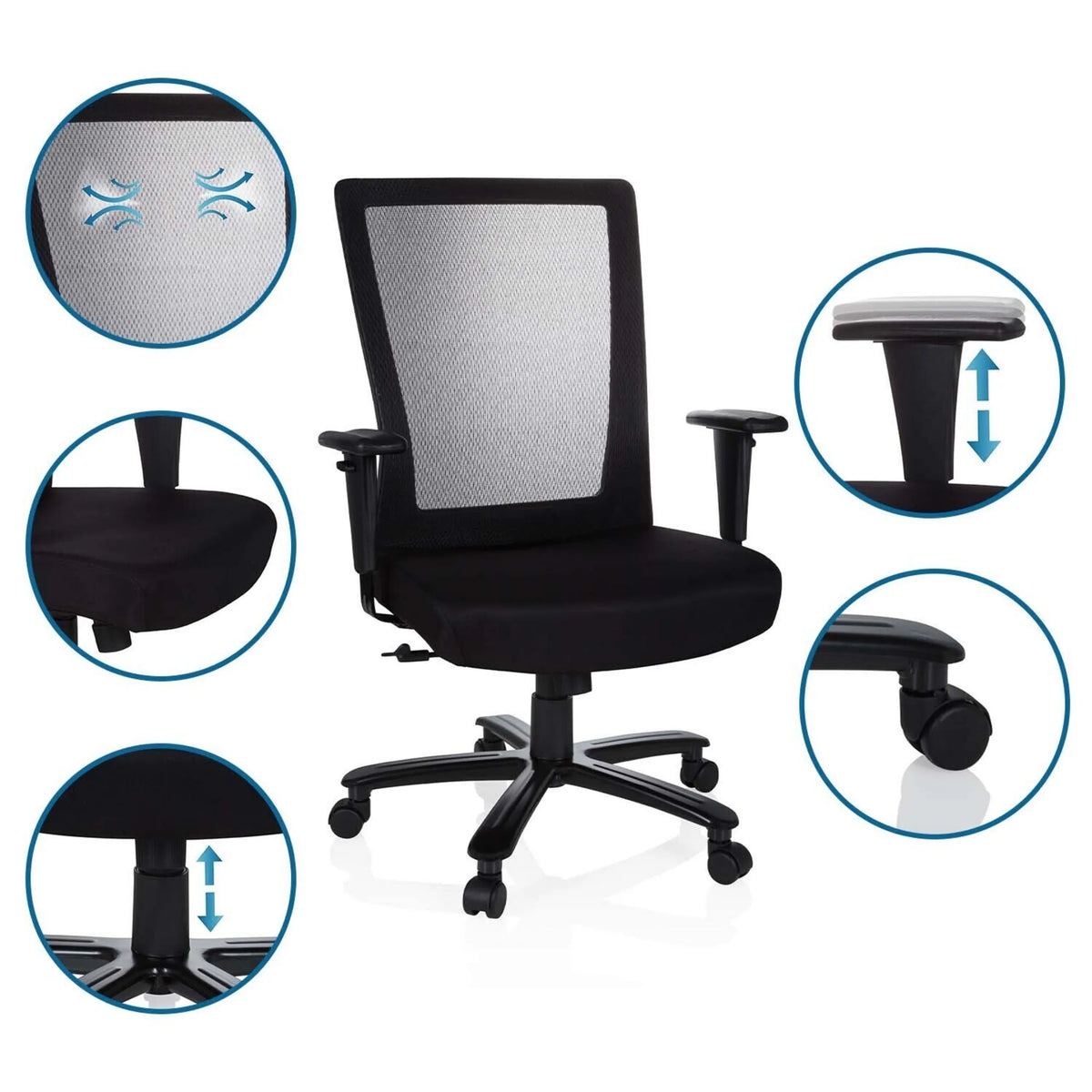 XXL EXTENDER snurrstol i svart med mesh-ryggstöd, justerbara armstöd och gaslift från hjh OFFICE