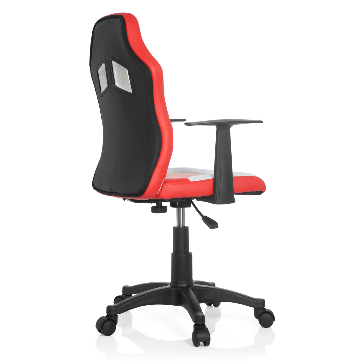 Rödvit TEEN GAME AL snurrstol för barn med armstöd och svart femstjärnigt fotkryss med hjul från hjh OFFICE – 360-gradersvy (snett bakifrån 120°)