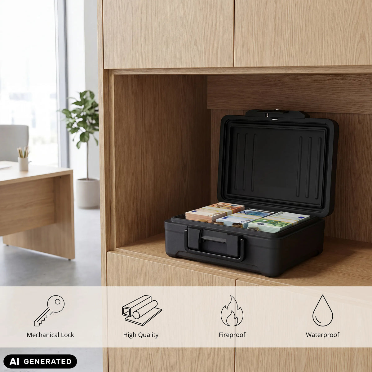 Öppet svart kassaskåp Safe Compact Slim med pengabuntar i en trähylla från hjh OFFICE (AI-genererad bild)