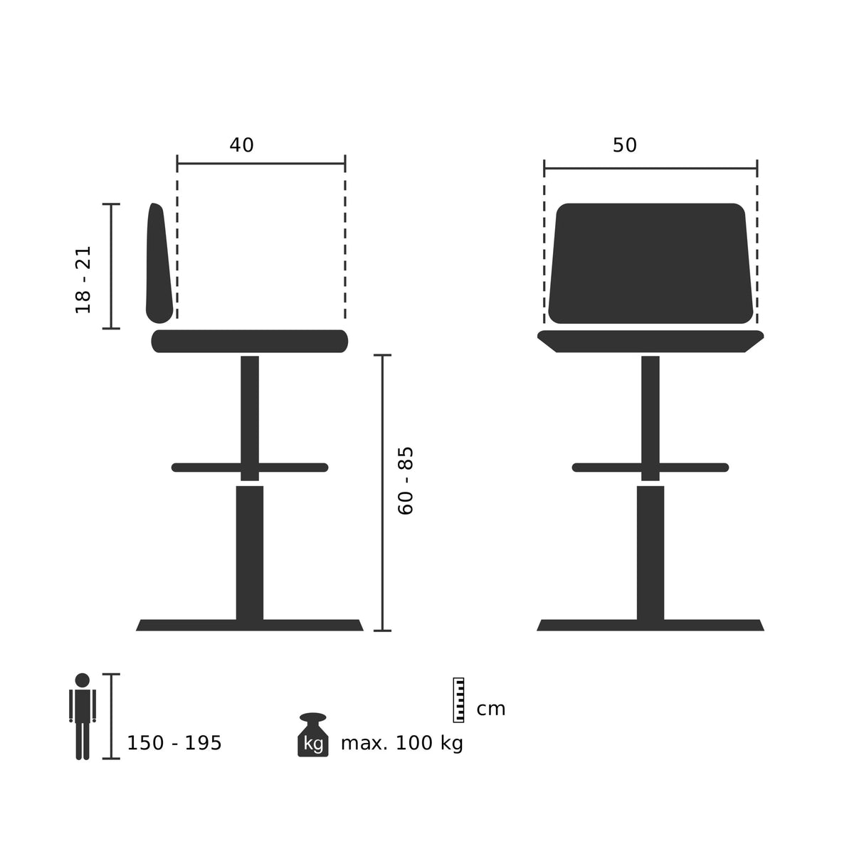 Teknisk ritning av bardiskstolen WORK MF med en sitthöjd på 60 till 85 cm från hjh OFFICE