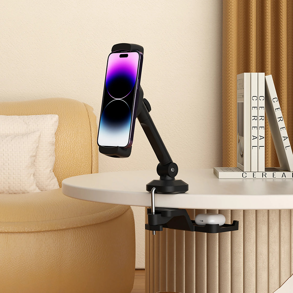 Svart hållare för mobiltelefon & surfplatta FLEXMOBI III med flexibel klämma och bricka från hjh OFFICE