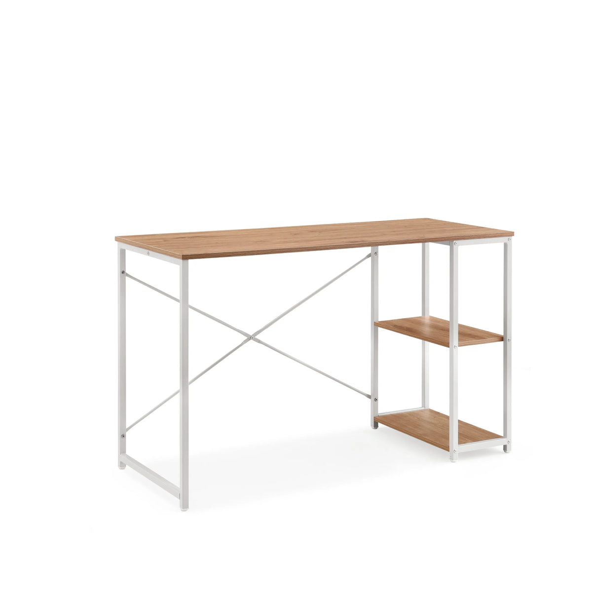 Skrivbord Easy Up2 i vitt och ek med integrerad hylla och X-stag från hjh LIVING – 360-gradersvy (snett framifrån 30°)