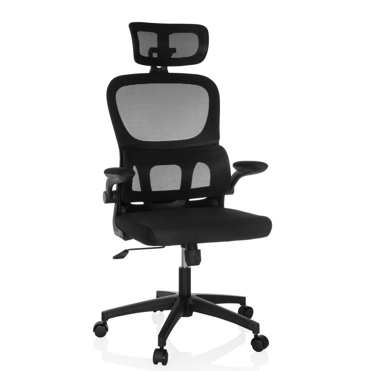 Svart Home Office kontorsstol ERGOMY FLEX med nätrygg, nackstöd och femhjulig bas från MyBuero – 360-gradersvy (framifrån 15°)